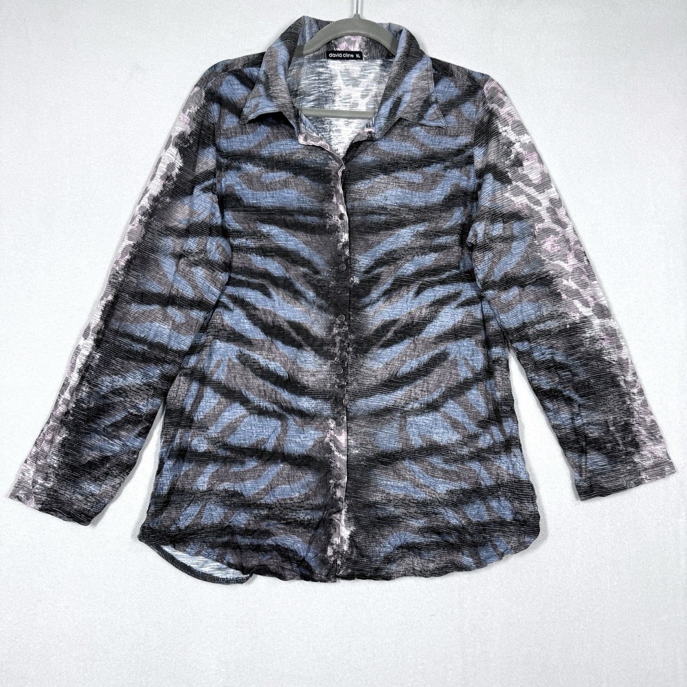 David Cline Top Womens XL Snap Front Blouse Abstract Animal Print Artsy USA Made